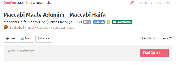 QeeYouBet's tweet photo. Israel National League🇮🇱

🏀Maccabi Maale Adumim - Maccabi Haifa

Pick : Maccabi Haifa

Mise : 1,5%

Absence en face.

Dispo parmi les sites recommandés ici: https://t.co/Cgb3J6hNYi

Un maximum de #RT 🔁#FAV  ❤ pour soutenir et si vous suivez.

#TeamParieur https://t.co/tS89ulWFB0