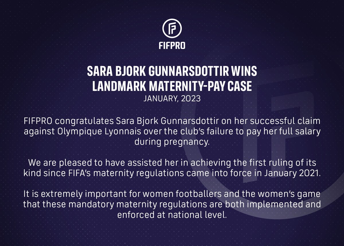 Sara Bjork Gunnarsdottir’s landmark ruling against former club Olympique Lyonnais sends a clear message to clubs and footballers worldwide:

The strict application of maternity rights is enforceable.

🔗 digitalhub.fifa.com/m/7fa81ae621a4…