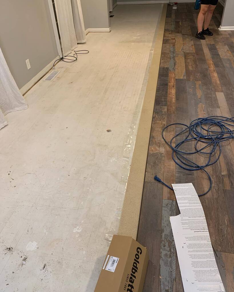 Pull up floor boards, sand away stupid white paint back to bare wood, precondition for staining, stain wood to hide pet stains from previous owners, apply polyurethane, poly reacts with chemicals used to treat the pet stains, sand away the poly and reapp… instagr.am/p/CnhSSQDrjMx/