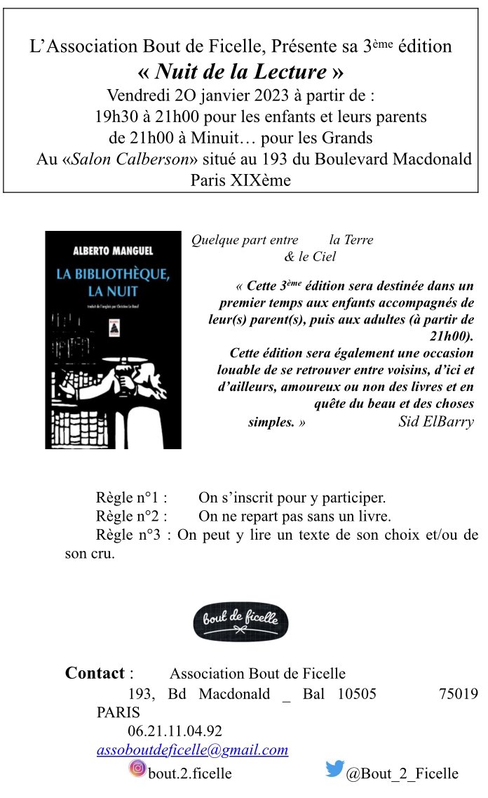 ElBarrySid1's tweet image. Quand vient la nuit
des livres
des histoires
des personnes
…
#assoboutdeficelle
#rosaparks
#livrespourtous
@Bout_2_Ficelle 
@katiamartin 
@AmicaleCalbers1
@LeCNL 
@brutofficiel
@FrancoisDagnaud 
@KonbiniFr 
@RaphalYem
@20minutesparis 
@_LeBonbon 
@BanqueDesTerr 
@Editions1018