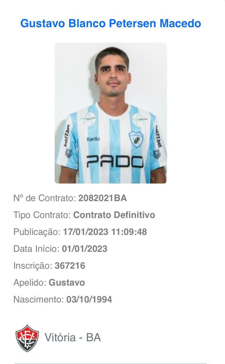 Info_Vitoria's tweet photo. Gustavo Blanco é regularizado e já pode estrear pelo Vitória.

📸 Reprodução https://t.co/WSl74z288v