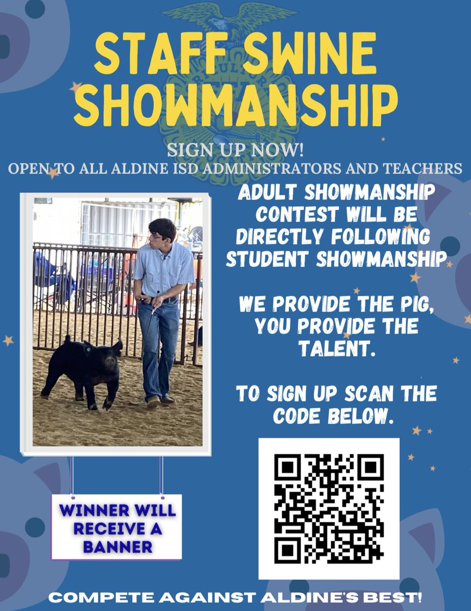 NimitzFFA's tweet photo. Livestock show is around the corner! Grab your shirt! We are also opening up the opportunity for Aldine staff to participate in our FIRST ever staff swine showmanship event! Sign up using the QR code found on the flyer!! https://t.co/z92Oi1S6Vn https://t.co/eGttcP5hqO