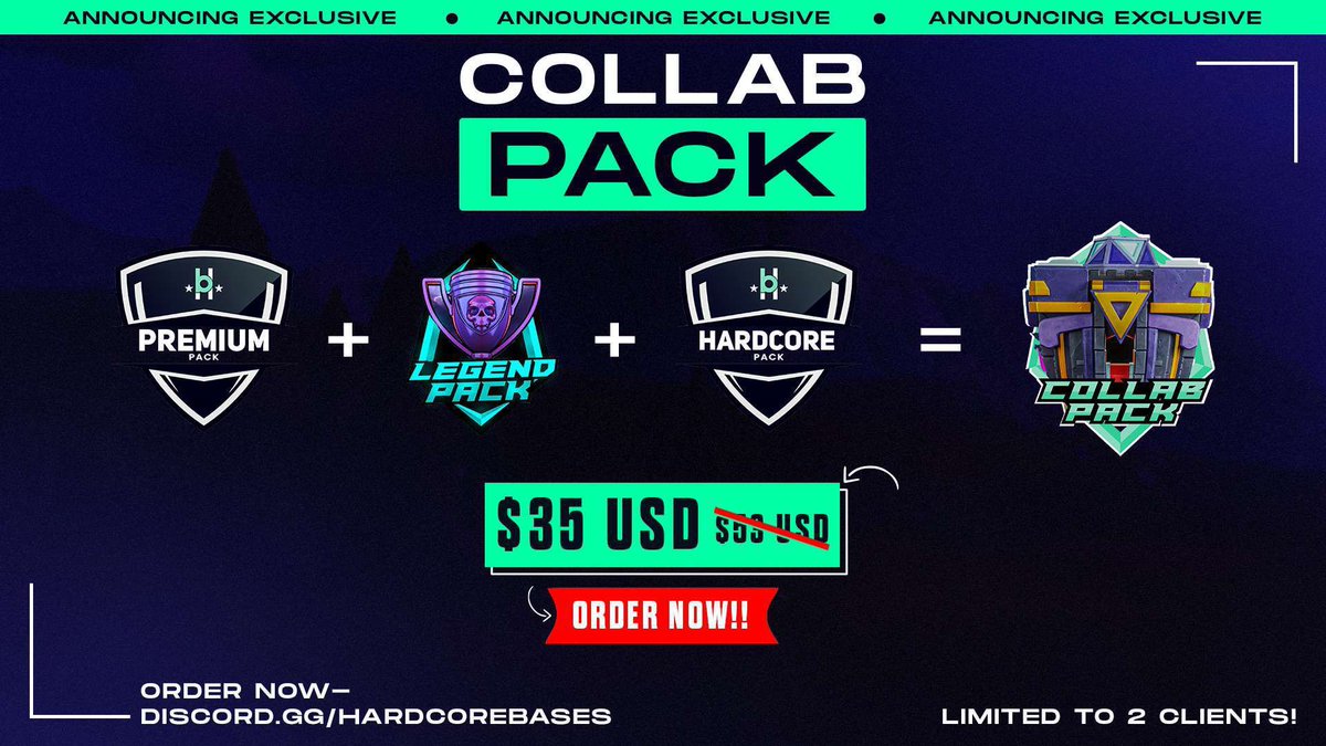 Presenting Collab Pack

(‌7x Esl +4x LL) Bases

‌Bases are built by :-
Onnie - Savage Skull
Ric Gm - Tompinai Empire
Deep - Ex Marcos Gaming
Byrock - Ms esports
Nigel - Aphelion Esports
Byrock - MS ESPORTS
Aadarsh - Cutie fen

Instant delivery.

Order Now!
discord.gg/hardcorebases