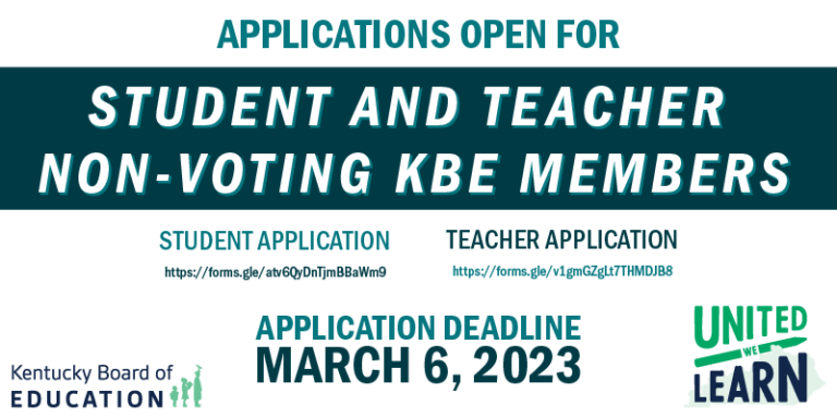 Applications are now open for nonvoting student and teacher members of the Kentucky Board of Education! The selected members will serve a one-year term from July 1, 2023 to June 30, 2024. 

More info on eligibility and application requirements: bit.ly/StudentTeacher… #KyEd