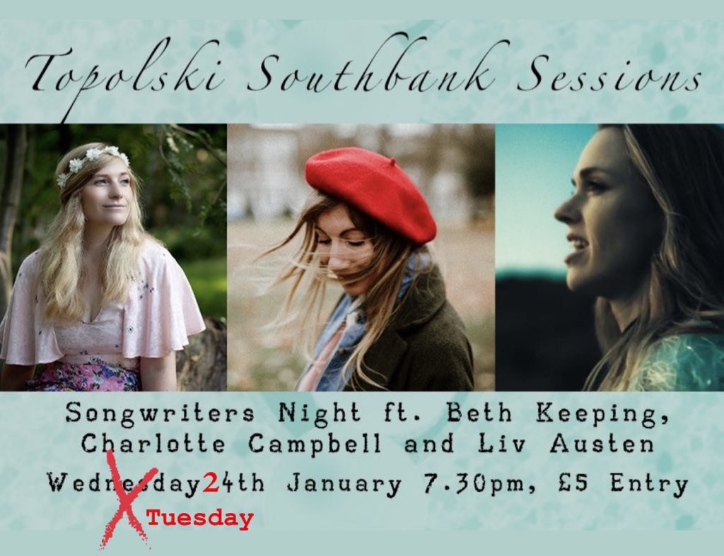 Charlotte Campbell 🌹 (@ccampbellmusic) on Twitter photo One week to go and this is very nearly sold out! I’m hosting monthly Songwriter Circles at Topolski in Waterloo and January’s line up is very special! <a href="/bethkeeping/">Beth Keeping</a> and <a href="/LivAusten/">LIV AUSTEN</a> are two of my favourite songwriters so it’ll be a treat for me to play alongside them! One week to go and this is very nearly sold out! I’m hosting monthly Songwriter Circles at Topolski in Waterloo and January’s line up is very special! <a href="/bethkeeping/">Beth Keeping</a> and <a href="/LivAusten/">LIV AUSTEN</a> are two of my favourite songwriters so it’ll be a treat for me to play alongside them!