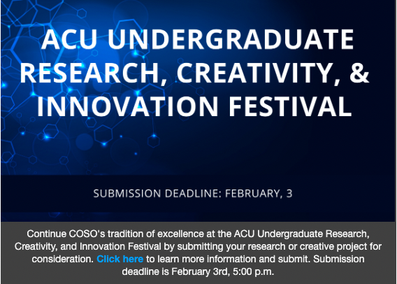 Attn <a href="/acuedu/">Abilene Christian University</a> <a href="/acuoptimist/">The Optimist</a>
#COSOThisWeek is out!

Congrats December graduates!

Department Chapel dates announced!

Study Abroad Oxford this summer

Undergraduate Research Festival Abstract Submissions due Feb. 3, more:

mailchi.mp/8e9327beea2a/c…