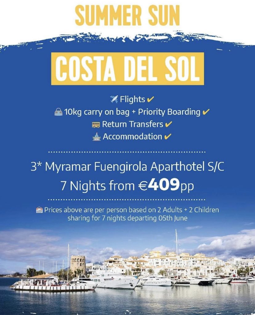 OCallTravelDlk's tweet photo. 🏝️ #CostaDelSol #SummerSun
💶from €409pp
🛏️7 Nights
📆5th June
☎️0429330600
#TravelTuesday #myhols #dundalk #shoplocalDLK #fuengirola #familytravel https://t.co/IroTMpCgnG