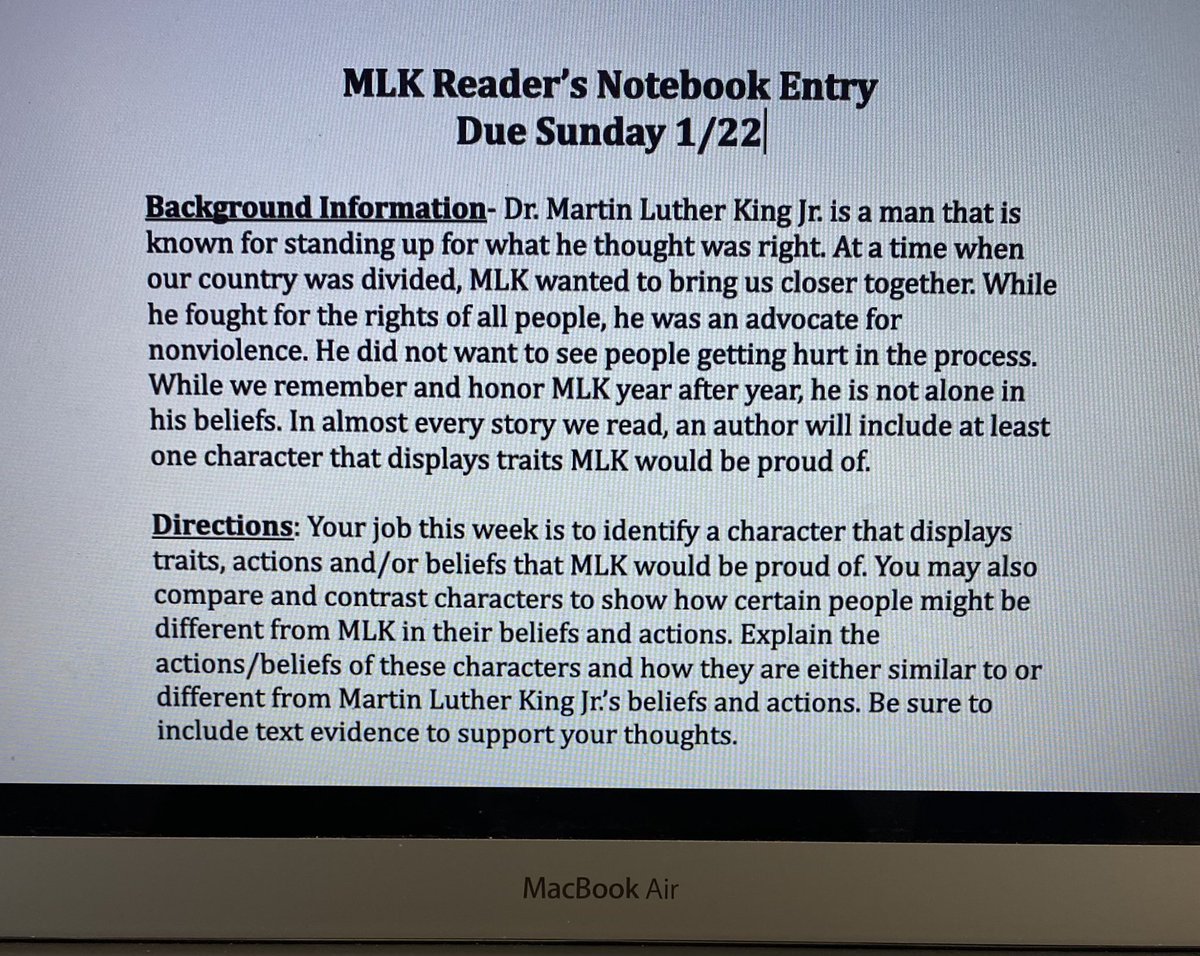 Jessls208's tweet photo. Honoring MLK Jr in LA today with a video review, class discussion, book selection and themed RNB entry @HowellTwpMSN @jlosinger https://t.co/2I87jpjcrU