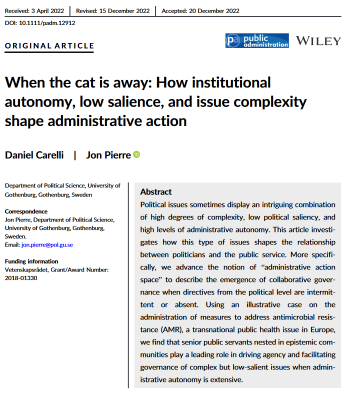 journal_pa's tweet photo. Early View Open Access! 
"When the cat is away: How institutional autonomy, low salience, and issue complexity shape administrative action" by @DanielCarelli9 &amp; @JonPierre2 advances the notion of "administrative action space". 
https://t.co/NV3h57TNoy https://t.co/Txah1yH2AE