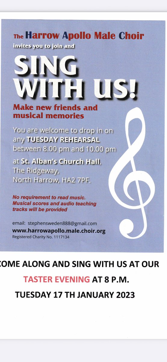 Final call!
A final reminder that our taster evening begins tonight at 8pm.  All are most welcome!  No prior singing experience or music qualifications necessary.
If you can’t make tonight, come another Tuesday and you’ll be made just as welcome.