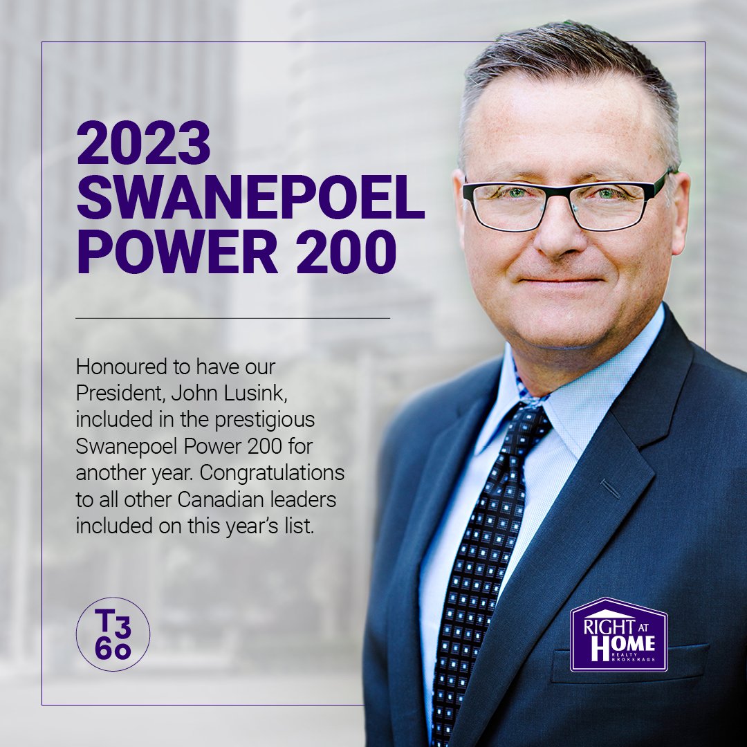 Congratulations to John Lusink, and all other Canadian leaders included on this year's @t3_sixty #SwanepoelPower200 list for 2023! Honoured to have #RightAtHomeRealty's President included in the prestigious list for another year. #SP200 #RealEstateLeaders #RealEstateAward