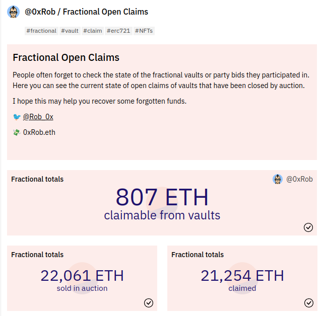 rob_0x's tweet photo. 💡There's 800+ ETH sitting in old Fractional (@tessera) vaults that people probably just forgot about..
If you fucked around with Fractional or PartyBid (@prtyDAO) in the past, it's time to find out if you have some coins you can claim. https://t.co/pgjSBb16sx