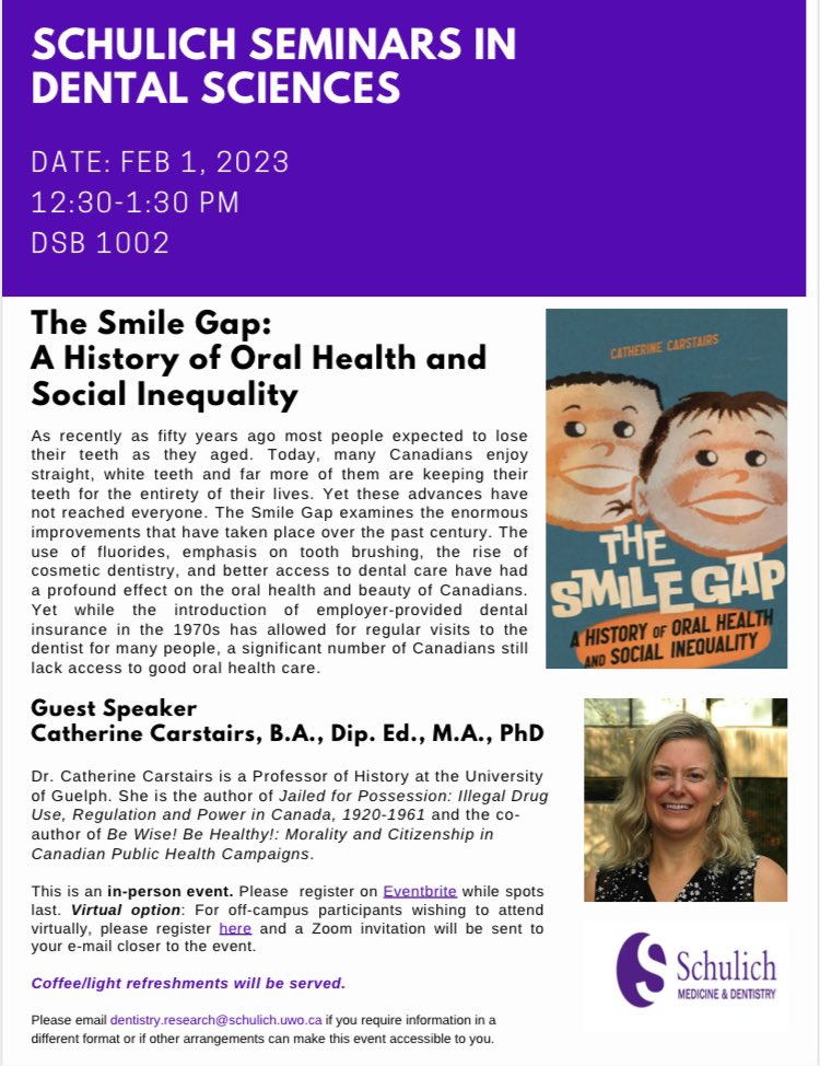 DrNGomaa's tweet photo. We are excited to have Dr. Catherine Carstairs @ClioCatherine, Prof. of History @uofg and author of The Smile Gap: A History of Oral Health &amp; Social Inequality, as our first guest speaker of 2023 at #SchulichDentistry!

All welcome! @SchulichMedDent 

Registration in comments.👇🏼 https://t.co/RVxTW6iAyv