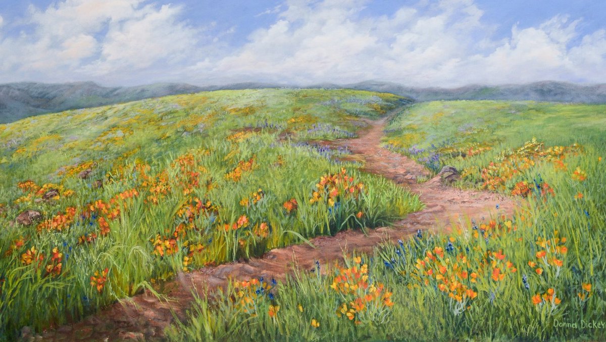 Donna Dickey works with oil and acrylic on canvas. Her subjects are seasonal landscapes done in an impressionistic-realism style. 

'Diablo Meadow at Northgate,' 23 x 39 inches

#oilpainting #oilpaint #mtdiablo #mountdiablo #impressionistic #realism #oldmasters #recreate