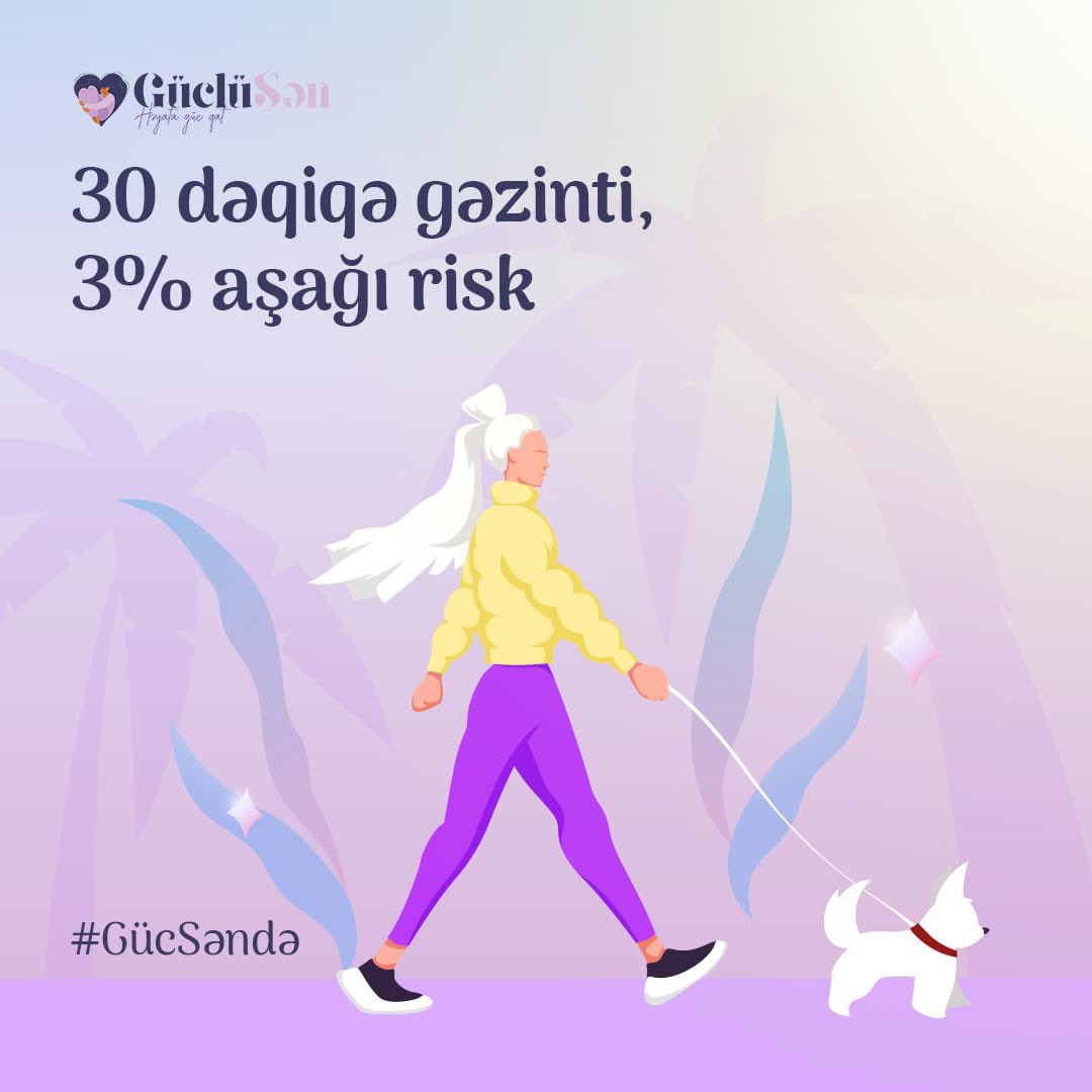 Yəqin artıq bilirsən ki, hərəkətsizlik xərçəng riskini artırır. 
Amma bunun əksi də mümkündür: Gündəlik olaraq 30 dəqiqə yürüş etsən, süd vəzi xərçəngi riskin 3% azalacaq. Xoş yürüşlər. 💜

Unutma, süd vəzi xərçəngi ilə mübarizədə #GücSəndədir! 

#güclüsən #breastcancer