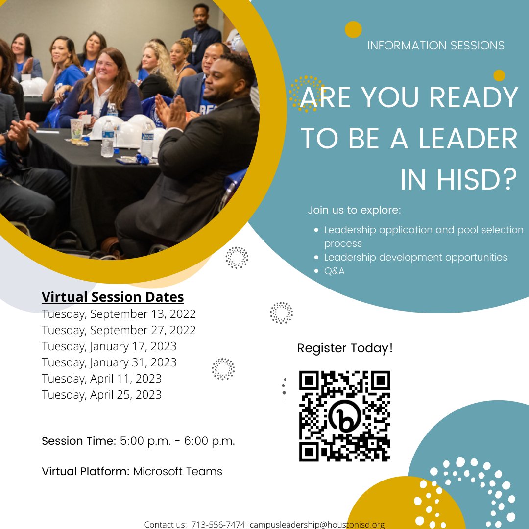HISD School Leadership Recruitment & Selection (@hisdleadership) on Twitter photo Interested in becoming a Principal, Assistant Principal or Dean in HISD? Join us for one of our upcoming Aspiring Leader information sessions! We have a session today at 5:00 p.m. Register today! bit.ly/3QsMaEw
<a href="/Billy_Solomon43/">William Solomon</a> @JGSakaPapa @TeamHISD <a href="/HoustonISD/">Houston ISD</a> Interested in becoming a Principal, Assistant Principal or Dean in HISD? Join us for one of our upcoming Aspiring Leader information sessions! We have a session today at 5:00 p.m. Register today! bit.ly/3QsMaEw
<a href="/Billy_Solomon43/">William Solomon</a> @JGSakaPapa @TeamHISD <a href="/HoustonISD/">Houston ISD</a>