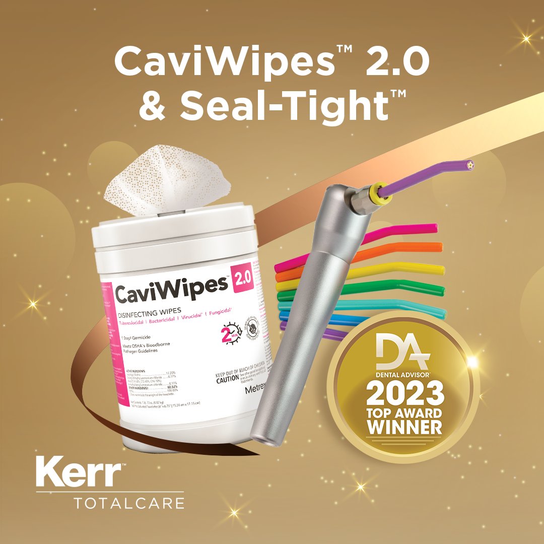 KerrDental's tweet photo. We are celebrating two 2023 DA Top Awards from the Kerr TotalCare portfolio! Contact your authorized Kerr dealer today to get these winning products. Promo code: NPFW23

#KerrTotalCare #SealTight #CaviWipes2.0 #Kerr #Envista #DentalAdvisor https://t.co/QPu4xbvZYj