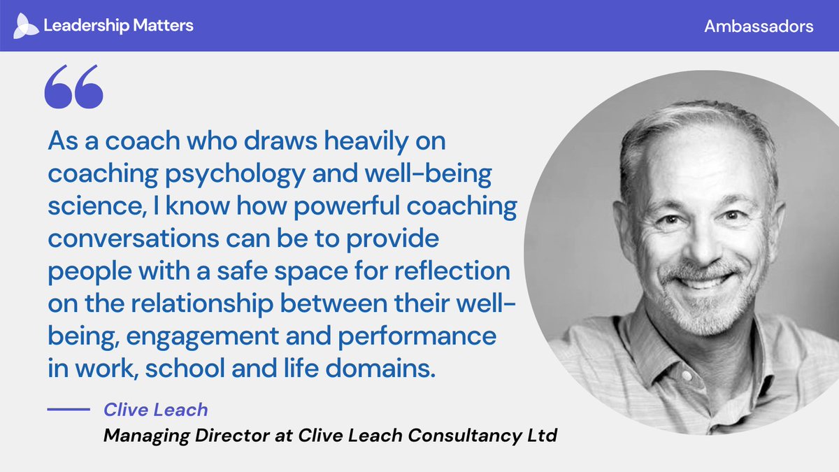 Ambassador Highlight 🔎

<a href="/CliveLeachCoach/">Clive Leach</a>'s organisational coaching focuses on positive psychology to enhance leadership, performance and team engagement and well-being in the corporate and education sectors.

Thank you for your involvement, Clive! 🤩

#positivepsychology