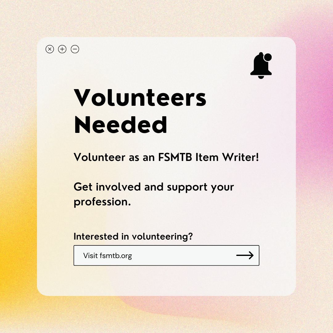 FSMTB's tweet photo. FSMTB is searching for volunteers to assist in developing the MBLEx and its supporting materials. Volunteer as an FSMTB Item Writer and help support your profession! Click here to volunteer: https://t.co/J3DKeo3bVq #volunteer #fsmtb https://t.co/p5AvdbUNpf