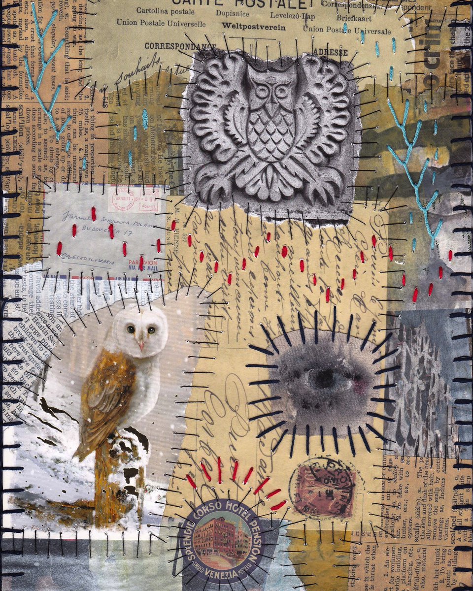 JoannaHartist's tweet photo. “Owl Postal Service” -17.01.2023
..
#ephemeracollage #owlcollage #vintageephemera #foundtext #foundimages #mixedmediacollage #stitchingonpaper #paintingonfabric #eyeportrait #abstracteye #abstractart #outsiderart https://t.co/zRvnf6VAJD