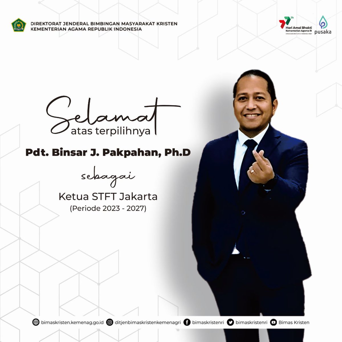 bimaskristenri's tweet photo. Salam #sahabatreligi

Selamat atas terpilihnya Bapak Pdt. Binsar J Pakpahan,Ph.D sebagai Ketua Sekolah Tinggi Filsafat Theologi Jakarta Periode 2023 – 2027

Tuhan Yesus Memberkati.
Amin

#ditjenbimaskristen #kemenag #Kemenagri #moderasiberagama https://t.co/HeUfqtUUXM