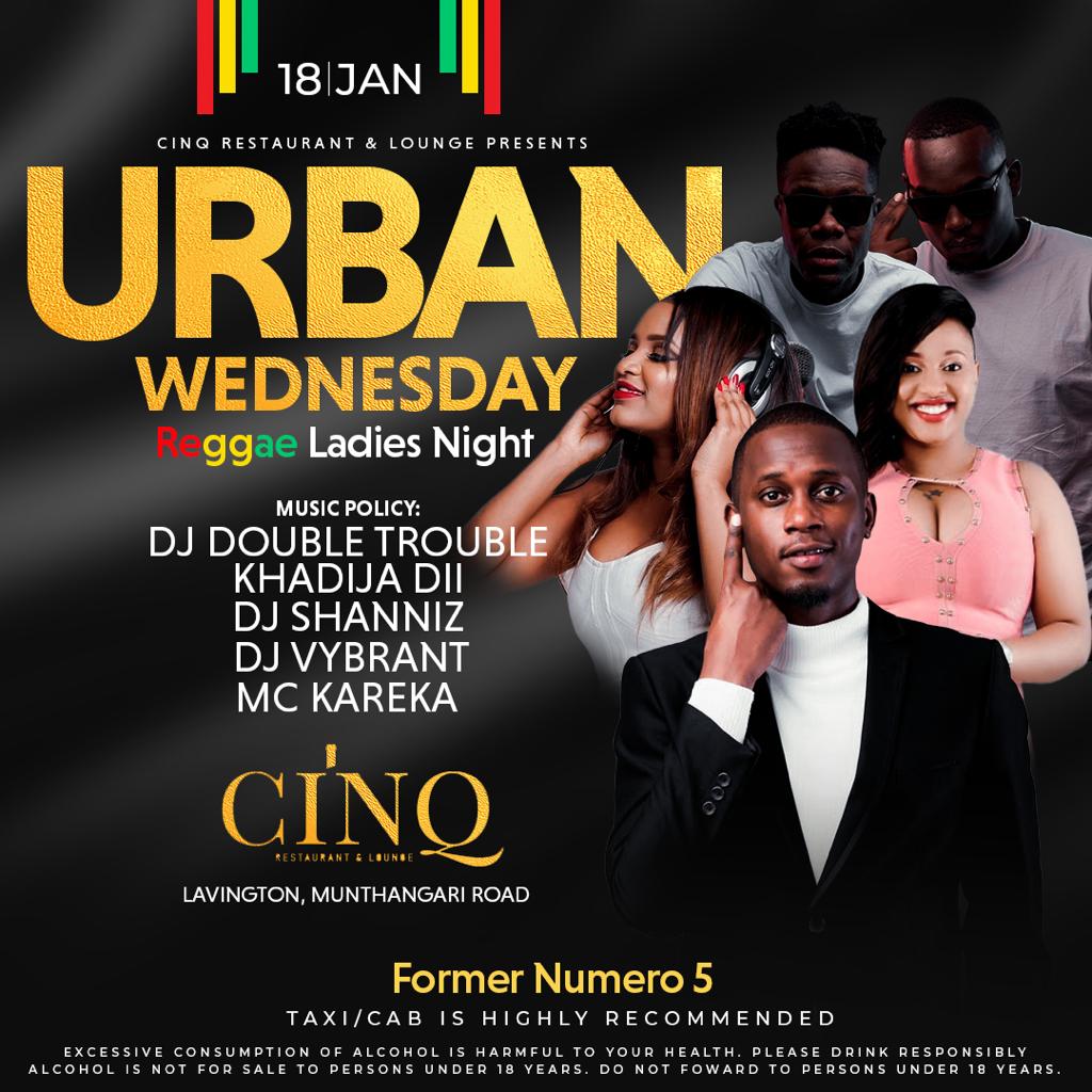 Cinq_nbo's tweet photo. Are you ready for Urban Wednesday Ladies Night the Reggae version with a line-up of some of the best Mixmasters in Nairobi? We are ready for you and your crews to come have a fabulous time tomorrow at the All New Cinq Restaurant and Lounge!

Who will you be bringing? Tag them! https://t.co/Q2MHIaFjoo