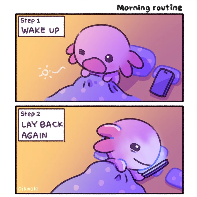 Me: I should eat some breakfast and go for a walk...
Also me: 📱😏

🎨 "Morning routine" by pikaole (@pikaole): https://t.co/vfwm94mfyC 
