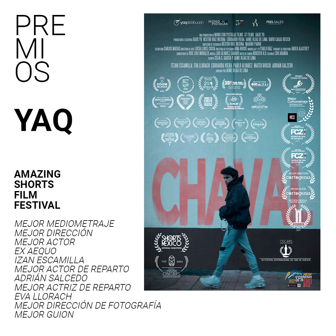 PREMIOS FRESCOS / FRESH AWARDS

AMAZING SHORTS FILM FESTIVAL
Chaval
Mejor mediometraje
Mejor dirección
Mejor Actor 
ex aequo
Izan Escamilla
Mejor Actor de reparto
Adrián Salcedo
Mejor Actriz de reparto
Eva Llorach
Mejor dirección de fotografía
Mejor Guion

💙