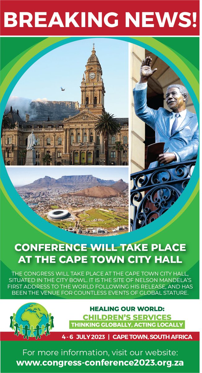 Please see below the exciting news about the Venue of the 35th FICE International Congress and 24th Biennial Conference of the National Association of Child Care Workers NACCW in Cape Town, South Africa.

For more information, please visit the website: congress-conference2023.org.za