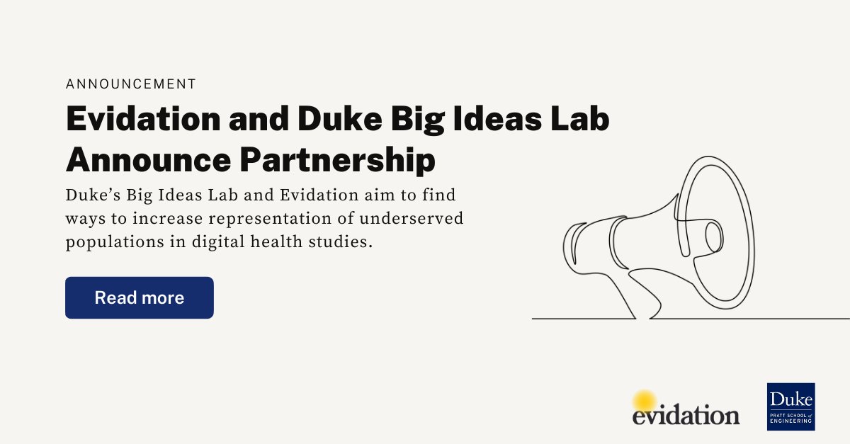 evidation's tweet image. Our partnership with Duke Big Ideas Lab aims to increase equity in digital health research through better predicting study participation, adherence, and retention across racial and demographic lines.

Learn more about this initiative: bit.ly/3w7RXqf