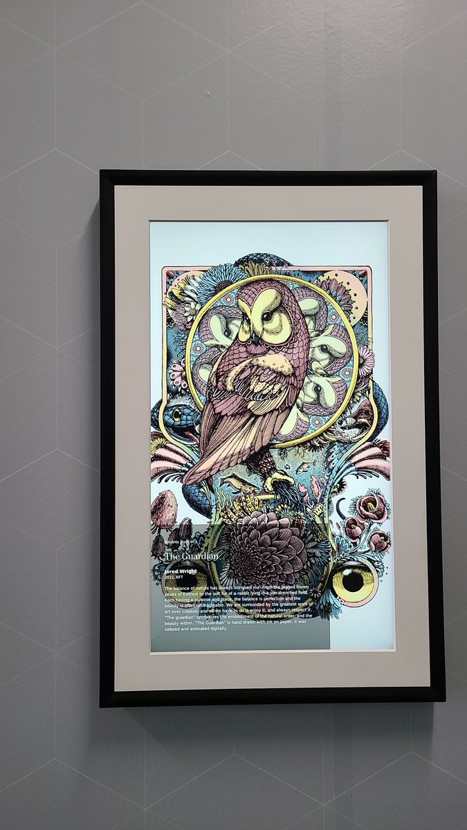 My piece “The Guardian” being displayed at the <a href="/coinflip/">CoinFlip</a> crypto experience center! Thanks for the photo <a href="/ArtificialCr8iv/">Artificial Creative</a> 💜🦉🙏