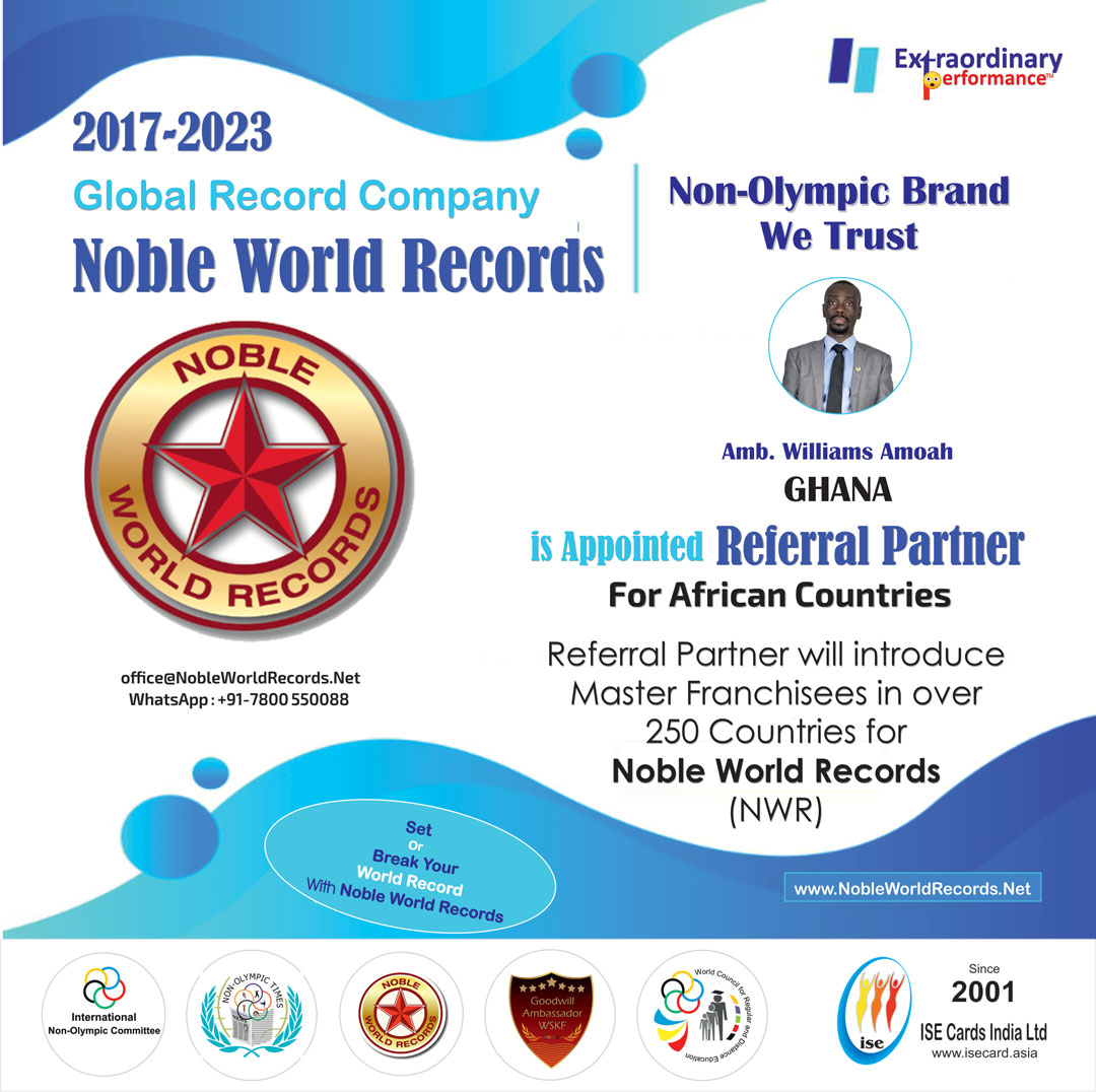 isecards's tweet photo. Global News - Noble World Records is appointed Referral Partner (RP) from GHANA to recruit Master Franchisee in African Countries.

The Noble World Records is looking to appoint Master Franchisees in over 250 Countries. Interested one e-mail us : office@nobleworldrecords.net https://t.co/w7WyYtSl1Q