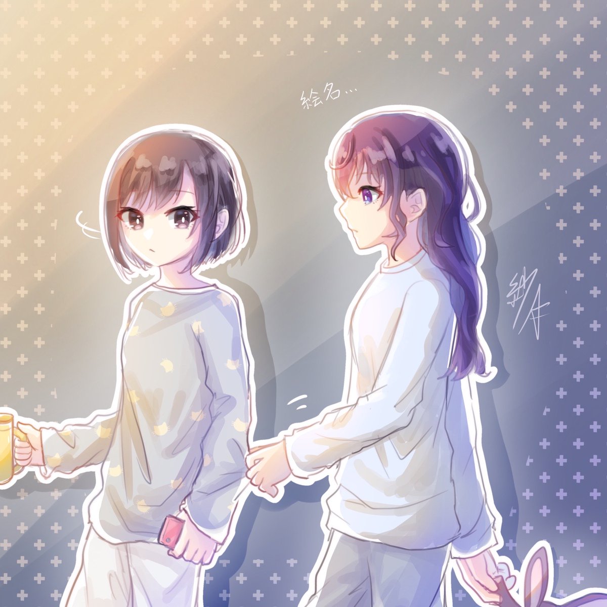 2girls black hair brown eyes brown hair cup holding holding cup  illustration images