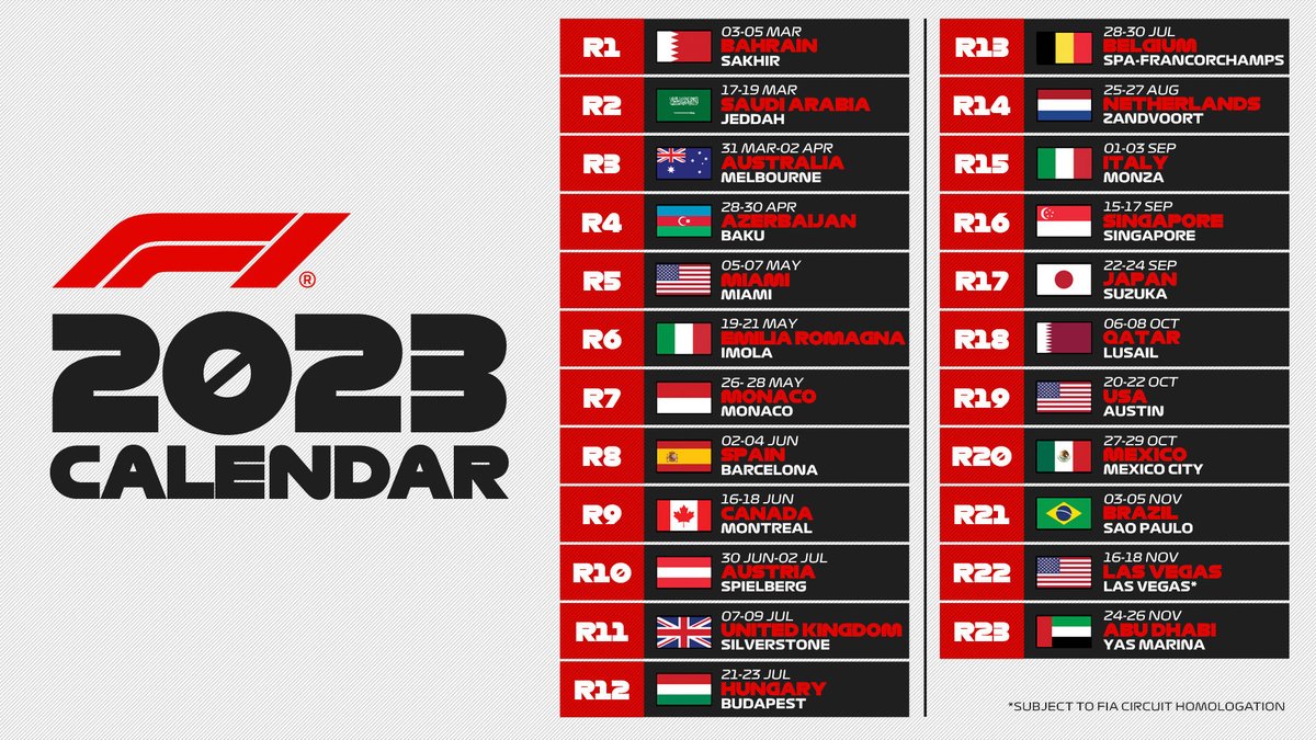 klok kraan Monumentaal Formula 1 on Twitter: "Locked in 🔒 The 2023 F1 calendar will feature 23  races #F1 https://t.co/p8PW8FFIO2" / Twitter