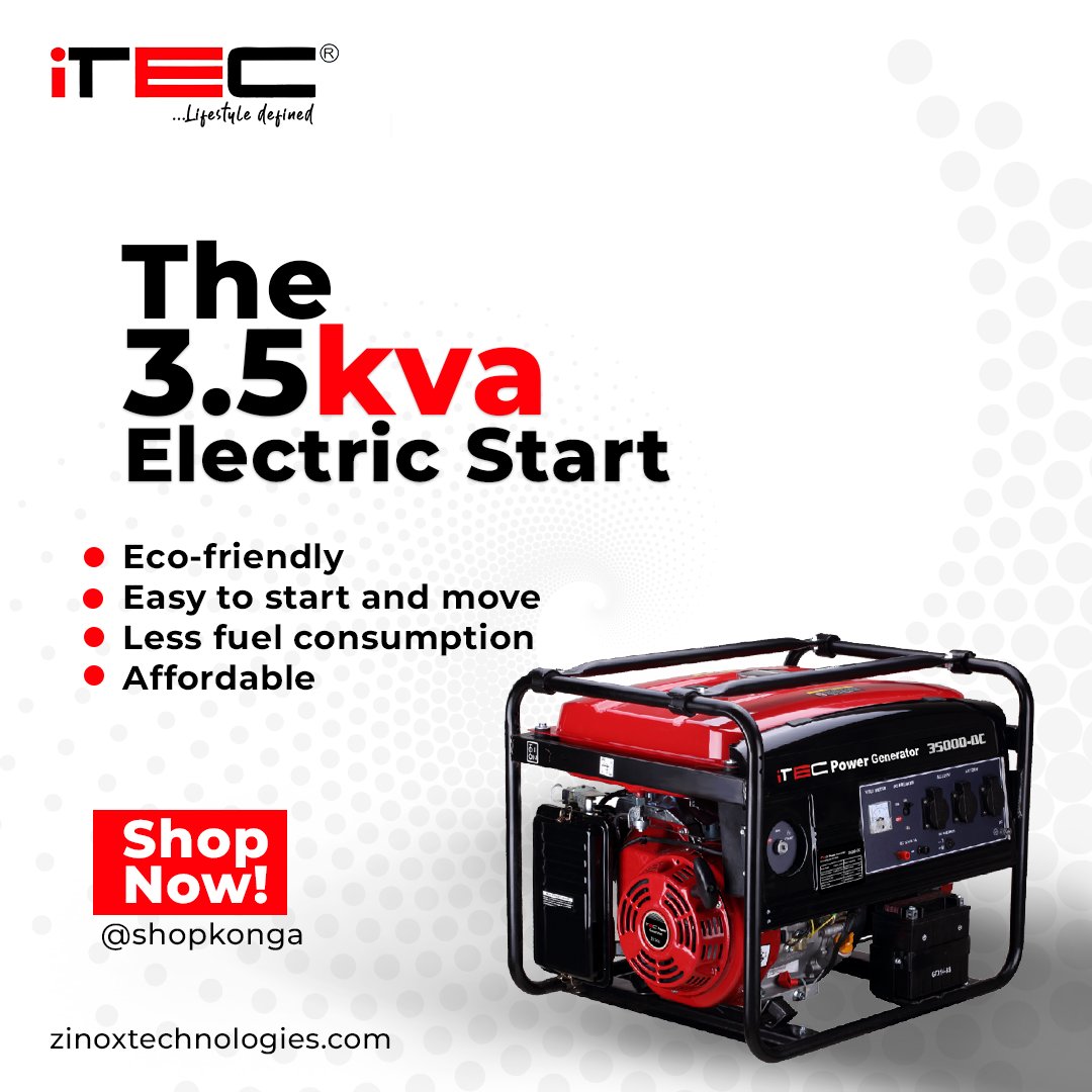 ZinoxTechNG's tweet photo. No power? No worries.

The iTEC 3.5kva Electric Start is there to light up your home and power up your gadgets comfortably.

Buy Now! from @shopkonga and our partners nationwide.
.
.
.
#techtuesday #itec #technology #itecgenerator #power #copperwinding #zinoxcares https://t.co/sP1QdKl1HF