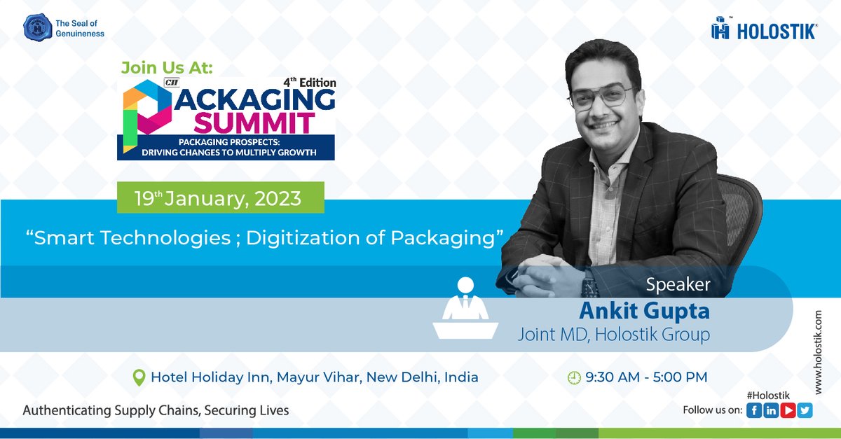 holostik's tweet image. Do listen to industry expert Ankit Gupta Jt. MD Holostik Group on different aspects of Smart Technologies - Digitization of Packaging at the forthcoming CII Packaging Summit on 19th Jan 2023, at Hotel Holiday Inn, Mayur Vihar, New Delhi. 9:30 AM onwards.
#CII #smartpackaging