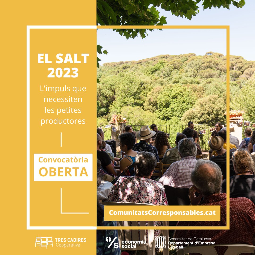 TresCadires's tweet photo. 📣 És l'hora de les petites productores!

Obrim la convocatòria d'𝗘𝗟 𝗦𝗔𝗟𝗧 𝟮𝟬𝟮𝟯. D'entre tots els projectes presentats n'escollirem 3 per replicar gratuïtament la Comunitat Corresponsable de Tres Cadires.

👉🏽 Bases i formulari d'inscripció a https://t.co/Cl1obIdaRs https://t.co/SkOLYalpQE