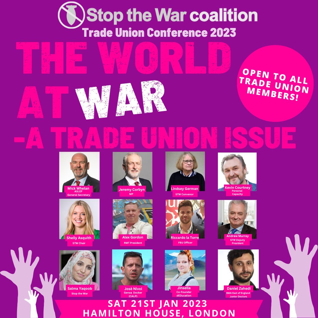 ⏳This weekend @STWUK's hosts it’s first ever Trade Union Conference!

☮️ We need all anti war trade unionists in one room on the 21st Jan. 

✍️Make sure you register today! A few spaces still available!

➡️eventbrite.co.uk/e/394331053797