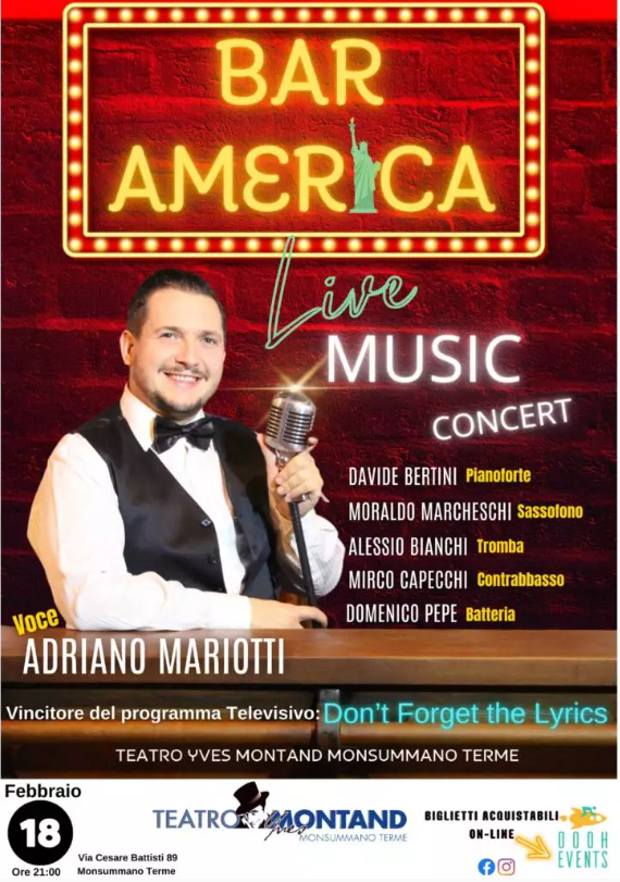OOOH_Events's tweet photo. Bar America un viaggio a tutto swing con Adriano Mariottiil 18 febbraio al Teatro Yves Montand.
Salta la fila in cassa, acquista ora il tuo biglietto
https://t.co/OSw9gTWwTJ
#OOOHEvents #BarAmerica #AdrianoMariotti #swing #swingmusic #MonsummanoTerme #biglietti https://t.co/XMsqUiRKxF
