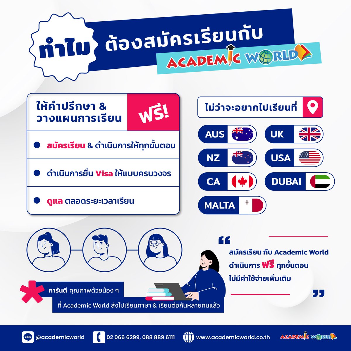 AcademicWorldTH's tweet photo. ✨ทำไมต้องสมัครเรียนกับ #AcademicWorld?✨

✔️ ช่วยวางแผนการเรียน ให้คำแนะนำ เลือกคอร์สและสถาบัน
❤ บริการยื่นใบสมัคร, บริการยื่นวีซ่า
✔️ จองตั๋วเครื่องบิน, หาที่พักให้
❤ ดูแลตลอดระยะเวลาที่เรียน

📲LINE ID: https://t.co/q0VhORxtPZ
📱FB: https://t.co/XwXjEotnUJ
☎️โทร:02-066-6299 https://t.co/fbxvwgieHD