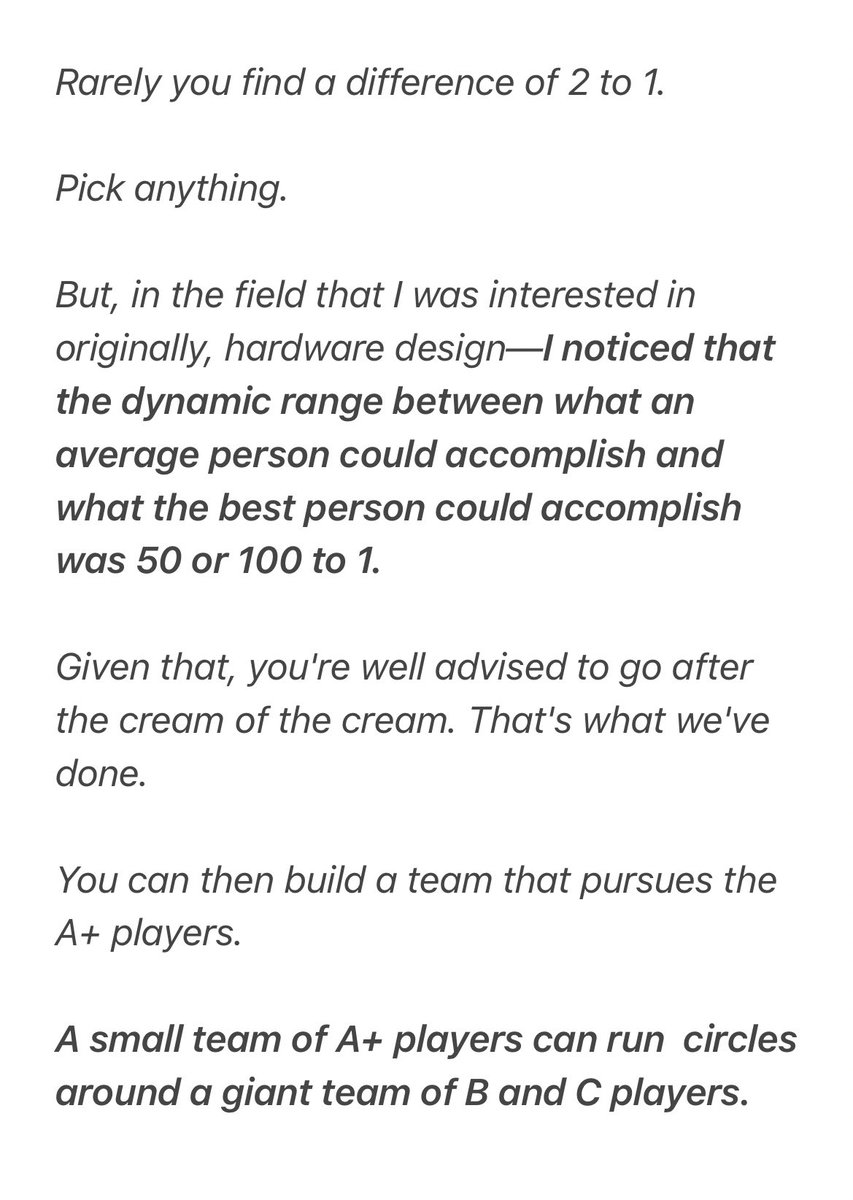 FoundersPodcast's tweet photo. Steve Jobs: 

“A small team of A+ players can run  circles around a giant team of B and C players.” https://t.co/QSRtozfru3