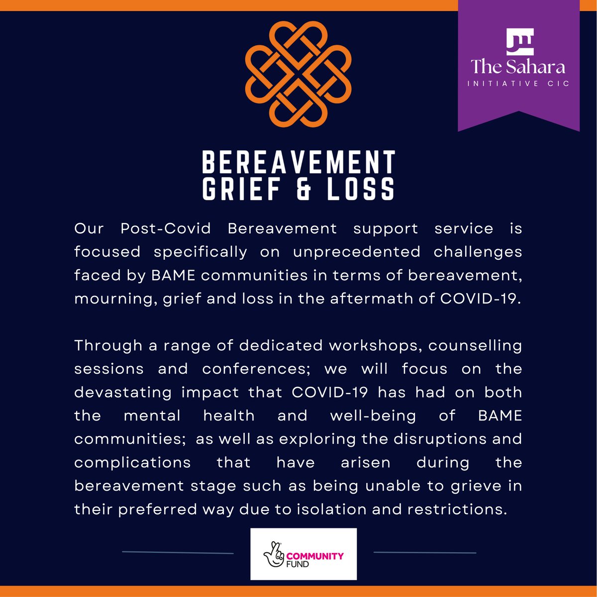 Sahara_CIC's tweet photo. 𝔻𝕒𝕥𝕖𝕤 ℙ𝕖𝕟𝕕𝕚𝕟𝕘

The Sahara Initiative CIC,is proud to announce our inaugural project that will be centred around the unprecedented challenges faced by BAME communities in terms of bereavement, mourning, grief and loss in the aftermath of COVID-19. https://t.co/7UDIkfZxeF