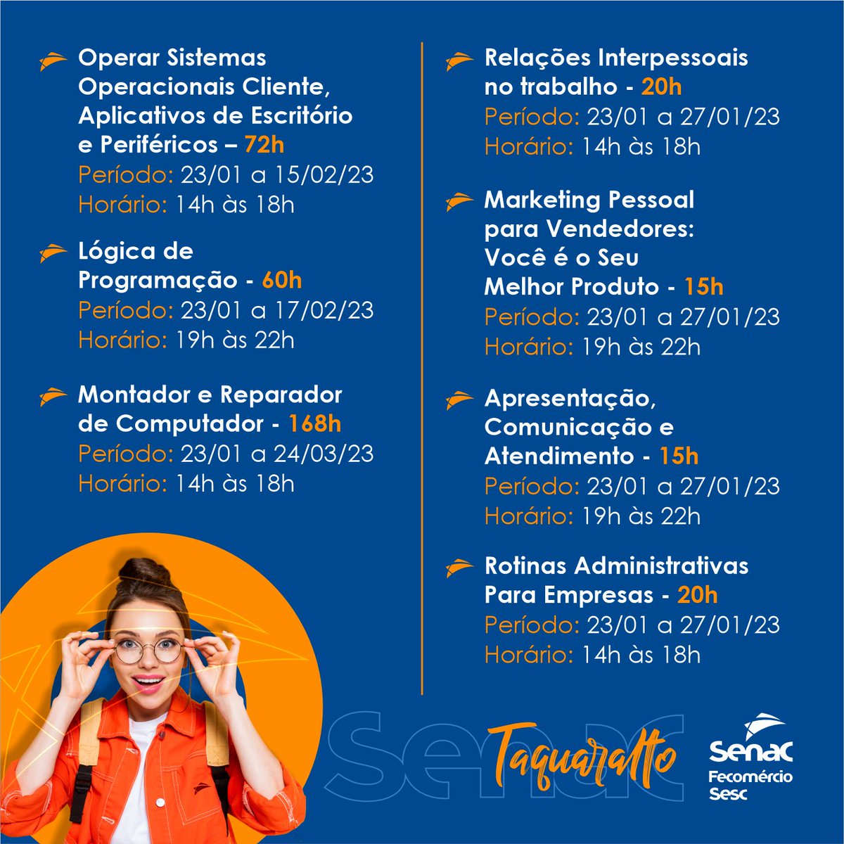 senacto's tweet photo. Já estamos com matrículas abertas para cursos gratuitos nas unidades de Palmas, Taquaralto, Araguaína e Gurupi! 🤩 Chama a gente no zap (63) 99202-0384 ou procure o senaquinho mais perto de você 😎
#senacto #cursos #vagas #psg #palmas #taquaralto #araguaína #gurupi #tocantins https://t.co/kPmLPGEdFl