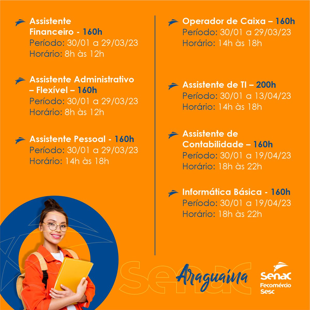 senacto's tweet photo. Já estamos com matrículas abertas para cursos gratuitos nas unidades de Palmas, Taquaralto, Araguaína e Gurupi! 🤩 Chama a gente no zap (63) 99202-0384 ou procure o senaquinho mais perto de você 😎
#senacto #cursos #vagas #psg #palmas #taquaralto #araguaína #gurupi #tocantins https://t.co/kPmLPGEdFl