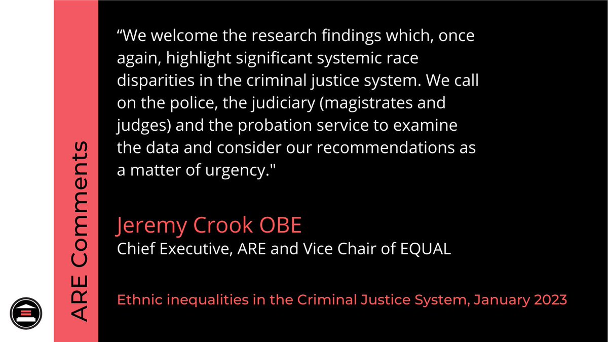 #ICYMI, earlier today we published a new briefing by <a href="/LymKitty/">Kitty Lymperopoulou</a> <a href="/ManMetUni/">Manchester Metropolitan Uni</a> looking at ethnic inequalities in #sentencing &amp; #remand.

Our Vice-chair + <a href="/AREtweets_/">Action for Race Equality</a> CEO, Jeremy Crook OBE, calls on the #Police, judiciary and <a href="/HMIProbation/">HM Inspectorate of Probation</a> to examine the data &amp; recommendations urgently