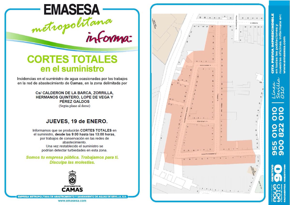 emasesa's tweet photo. 19/01 #Corte en suministro de #TuAgua por trabajos en la red de abastecimiento en C/s Calderón de la Barca, Zorrilla, Hermanos Quintero y otras en #Camas @AytodeCamas 
⌚ De 09:00 a 13:00 h.
Gracias y disculpen las molestias. #TrabajamosParaTi
EMASESA. #TuEmpresaPúblicaDelAgua https://t.co/VLiZezs37r