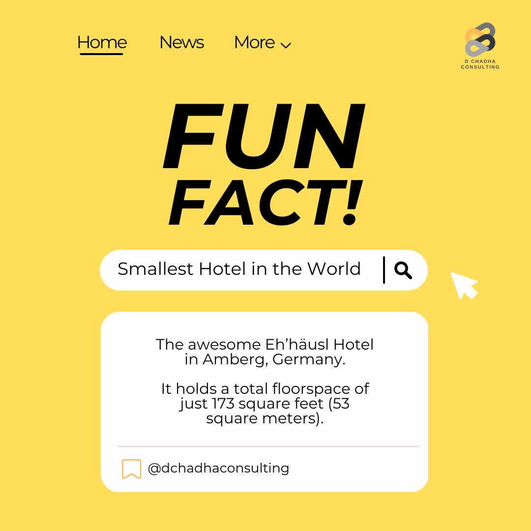 DChadhaLtd's tweet image. The smallest hotel in the world is the Eh’häusl Hotel in Amberg, Germany.

With its total floorspace of just 173 square feet (53 square meters), it’s the perfect place for a cozy mini-vacation. 😍 

#dchadhaconsulting #smallesthotel #funfact #didyouknow #hospitalityindustry