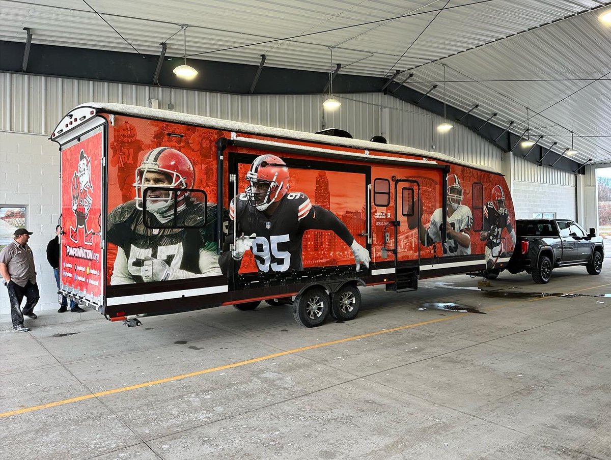 PumpkinNation's tweet photo. Let the offseason begin. Dropped off the FanCave at General RV Center in Canton for some major upgrades this winter/spring! Debuting this summer complete w/ a new wrap from Liquid Image Corp. #Browns #NextYearIsNow #LFG https://t.co/gBCDtf9Y2t