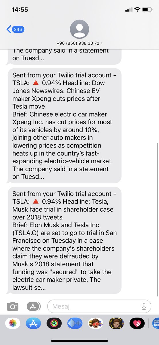 mertcancode's tweet photo. Day 36 of #100DaysOfCode and I'm feeling like a boss! Just coded a script using #alphavantage, #twillio, and #newsapi that sends me a text with the difference percentage and the latest news about #TSLA stock if there's a big fluctuation. #codingwin #programmerlife https://t.co/TTmdk6lkDG