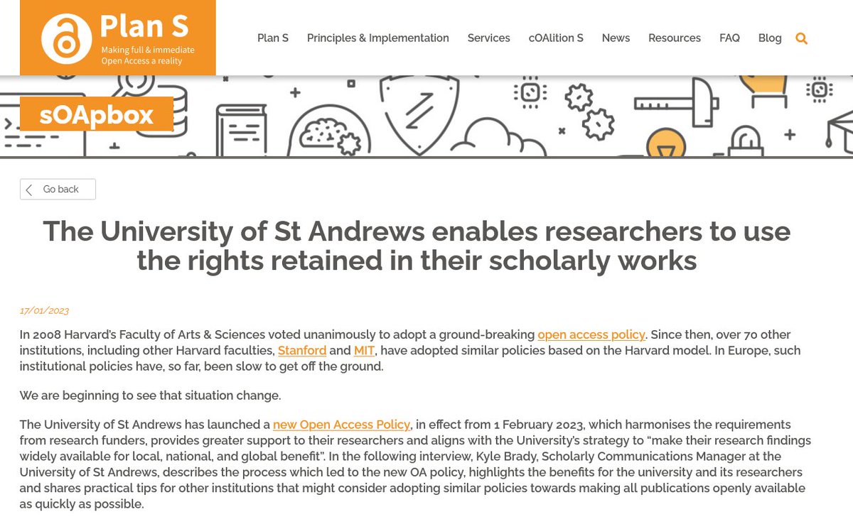 Thanks @cOAlitionS_OA for showcasing @univofstandrews new #OpenAccess policy!🔓

Check out Kyle's interview highlighting the benefits & support this will provide for all! 
coalition-s.org/blog/the-unive…

@StAndrewsUniLib 

#RetainYourRights #OpenResearch #GreenOA